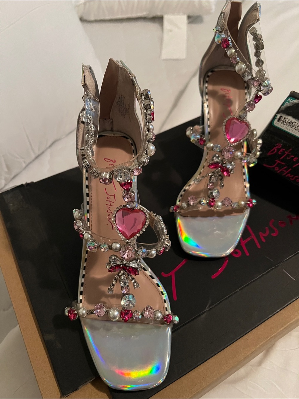 Betsey Johnson Iridescent Jeweled Heels with Pink Heart Accents - Picture 2 of 5